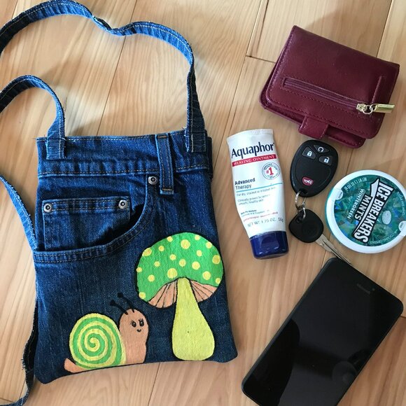 Handmade Crossbody Bag: Denim Cell Phone Holder, Whimsical Snail Mushroom Design - Picture 8 of 11